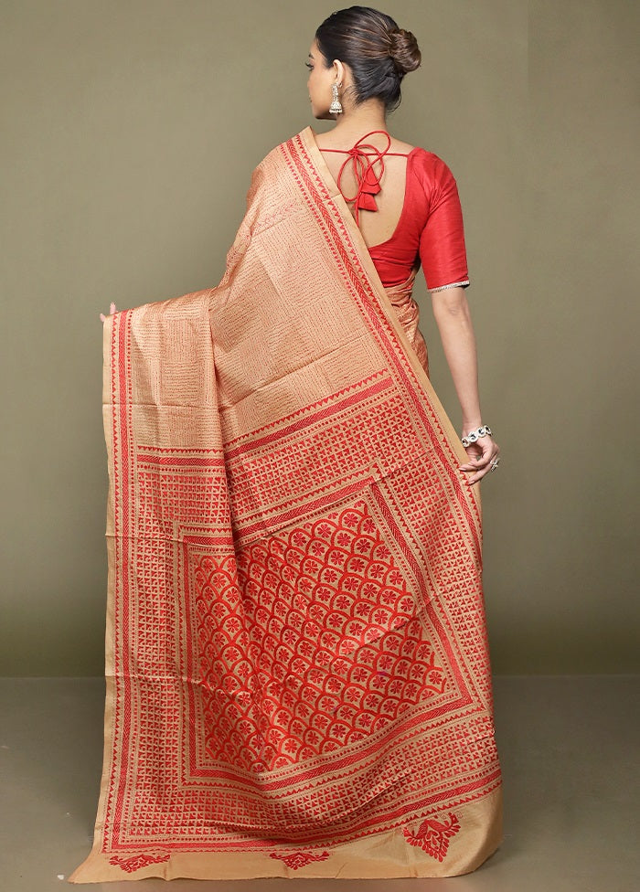 Cream Handloom Kantha Stitch Pure Silk Saree With Blouse Piece
