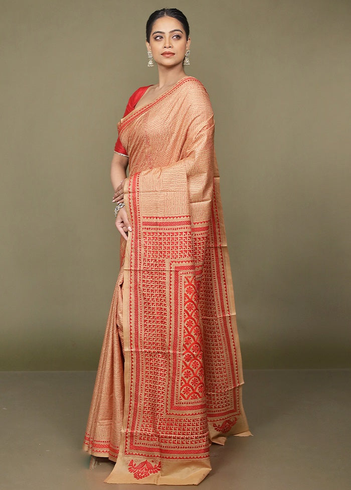 Cream Handloom Kantha Stitch Pure Silk Saree With Blouse Piece