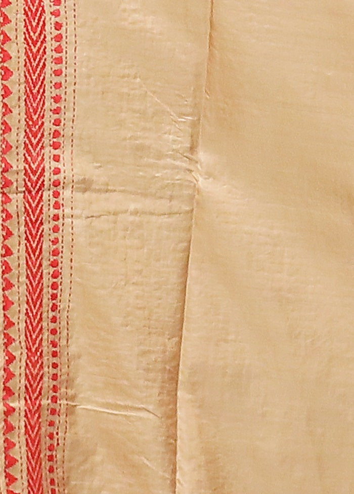 Cream Handloom Kantha Stitch Pure Silk Saree With Blouse Piece