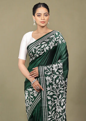 Green Handloom Kantha Stitch Pure Silk Saree With Blouse Piece