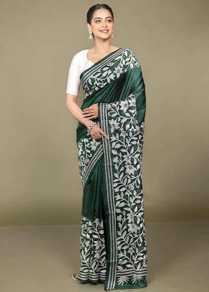 Green Handloom Kantha Stitch Pure Silk Saree With Blouse Piece