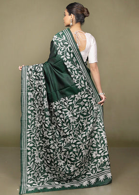 Green Handloom Kantha Stitch Pure Silk Saree With Blouse Piece