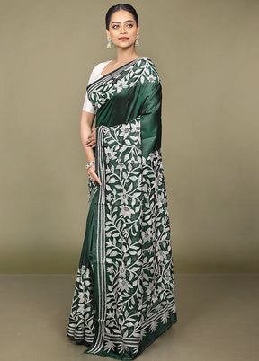 Green Handloom Kantha Stitch Pure Silk Saree With Blouse Piece