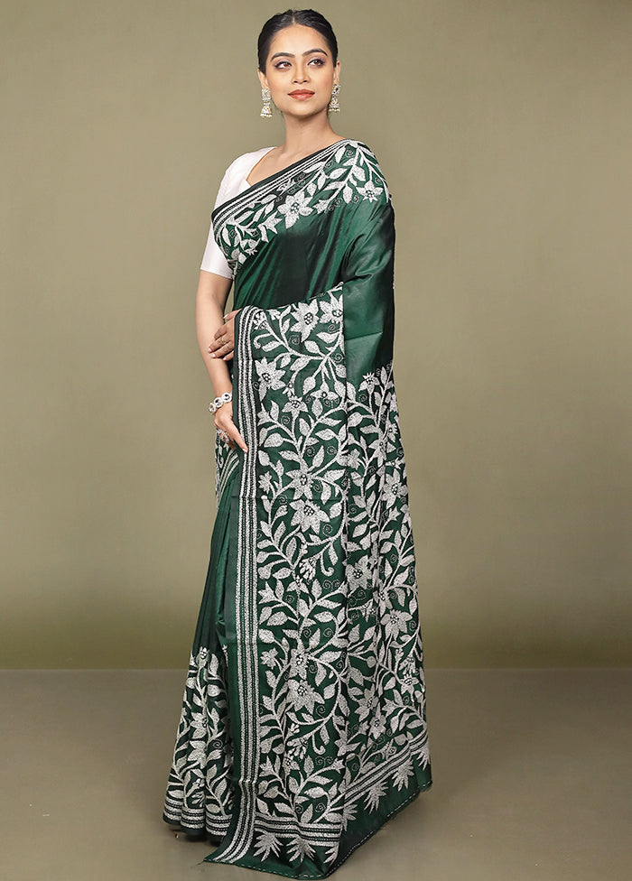 Green Handloom Kantha Stitch Pure Silk Saree With Blouse Piece