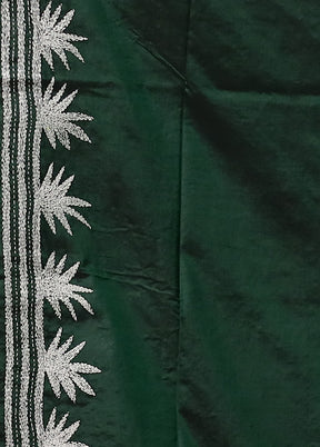 Green Handloom Kantha Stitch Pure Silk Saree With Blouse Piece