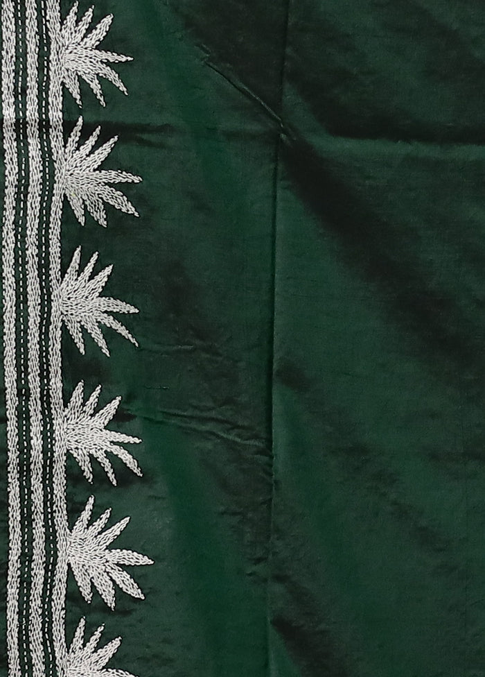 Green Handloom Kantha Stitch Pure Silk Saree With Blouse Piece