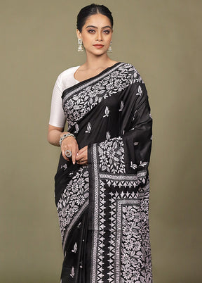 Black Handloom Kantha Stitch Pure Silk Saree With Blouse Piece
