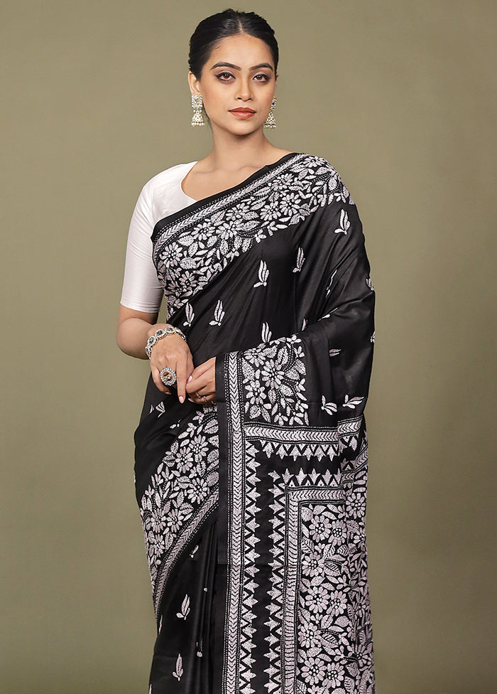 Black Handloom Kantha Stitch Pure Silk Saree With Blouse Piece