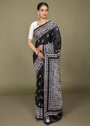 Black Handloom Kantha Stitch Pure Silk Saree With Blouse Piece
