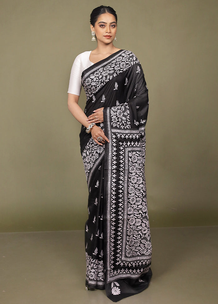 Black Handloom Kantha Stitch Pure Silk Saree With Blouse Piece