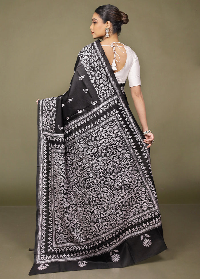 Black Handloom Kantha Stitch Pure Silk Saree With Blouse Piece