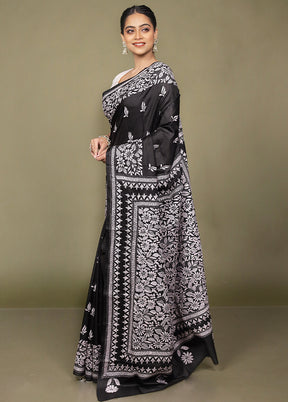 Black Handloom Kantha Stitch Pure Silk Saree With Blouse Piece
