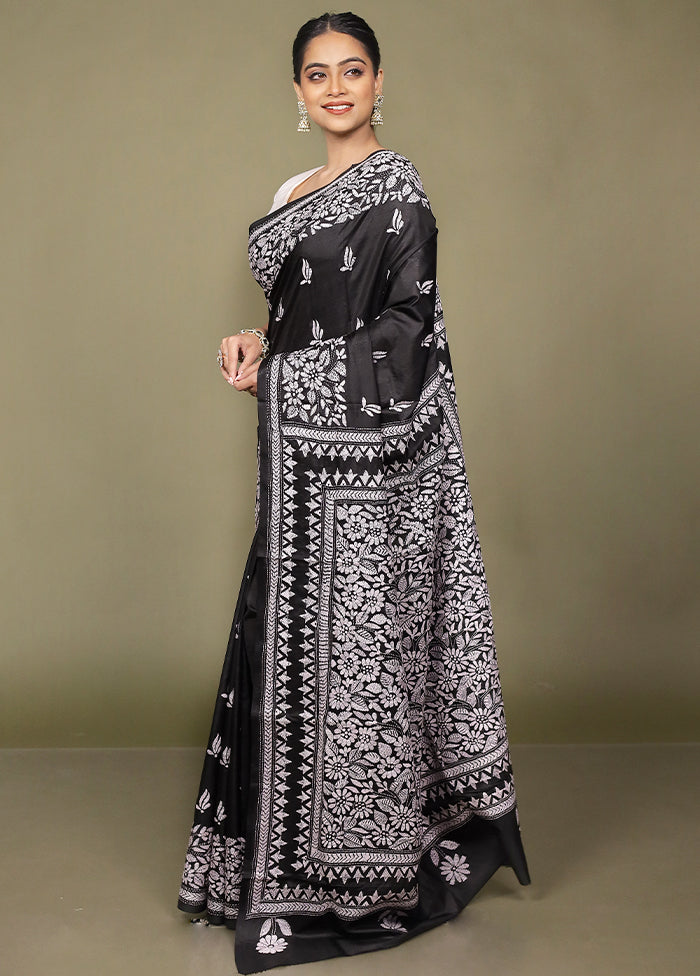 Black Handloom Kantha Stitch Pure Silk Saree With Blouse Piece