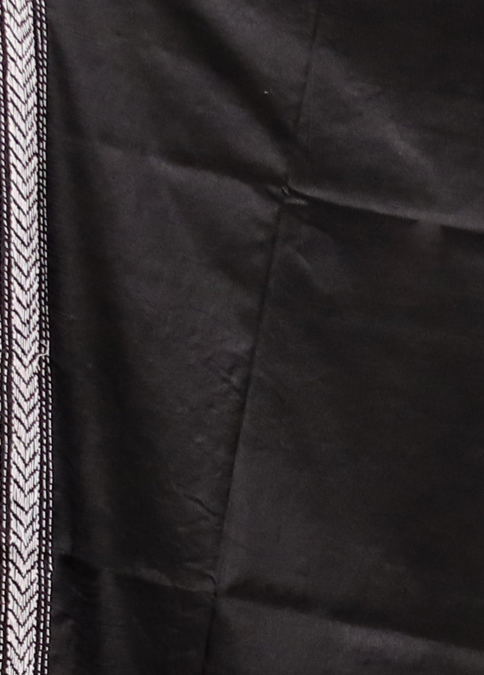Black Handloom Kantha Stitch Pure Silk Saree With Blouse Piece