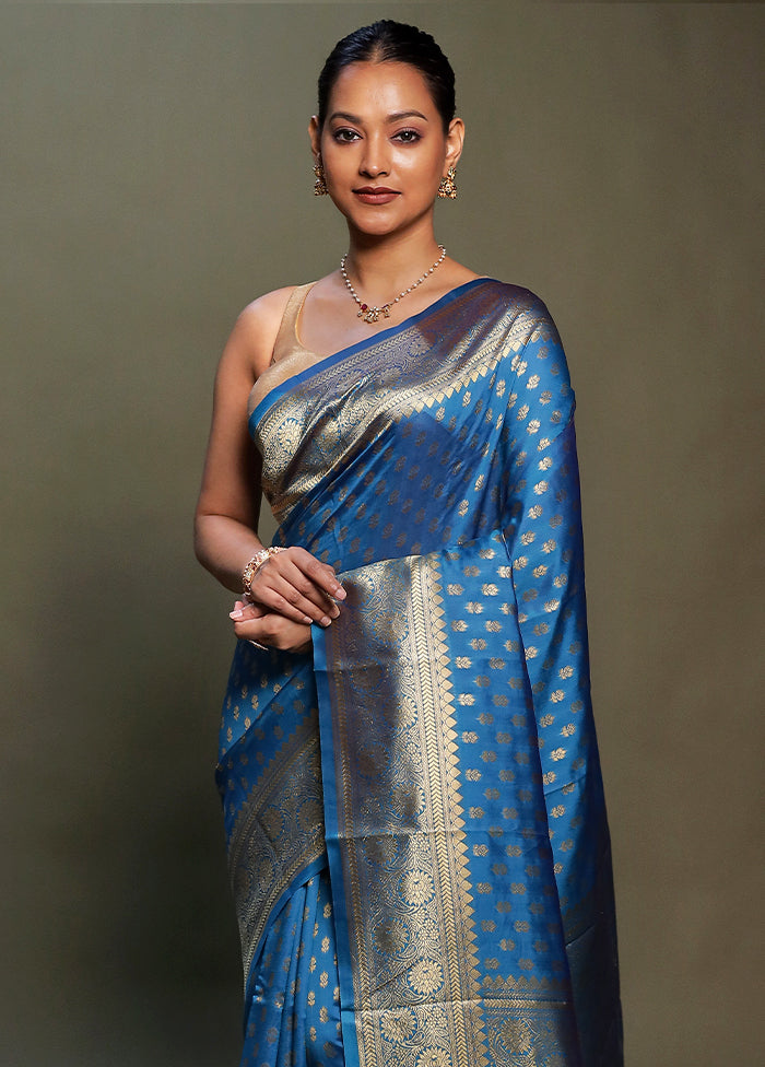 Blue Dupion Silk Saree With Blouse Piece