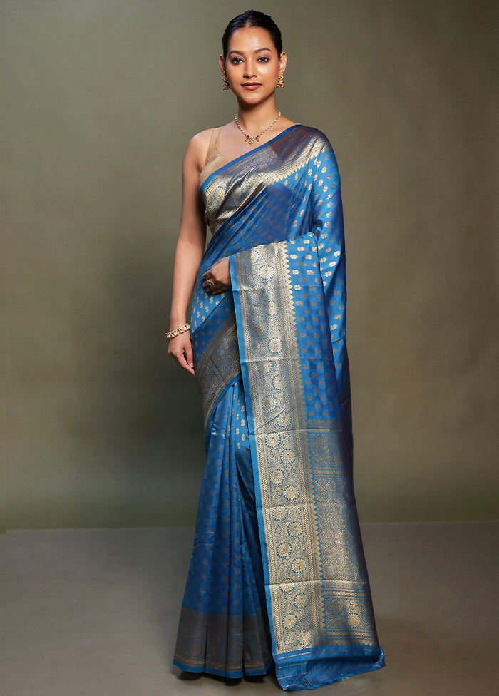 Blue Dupion Silk Saree With Blouse Piece
