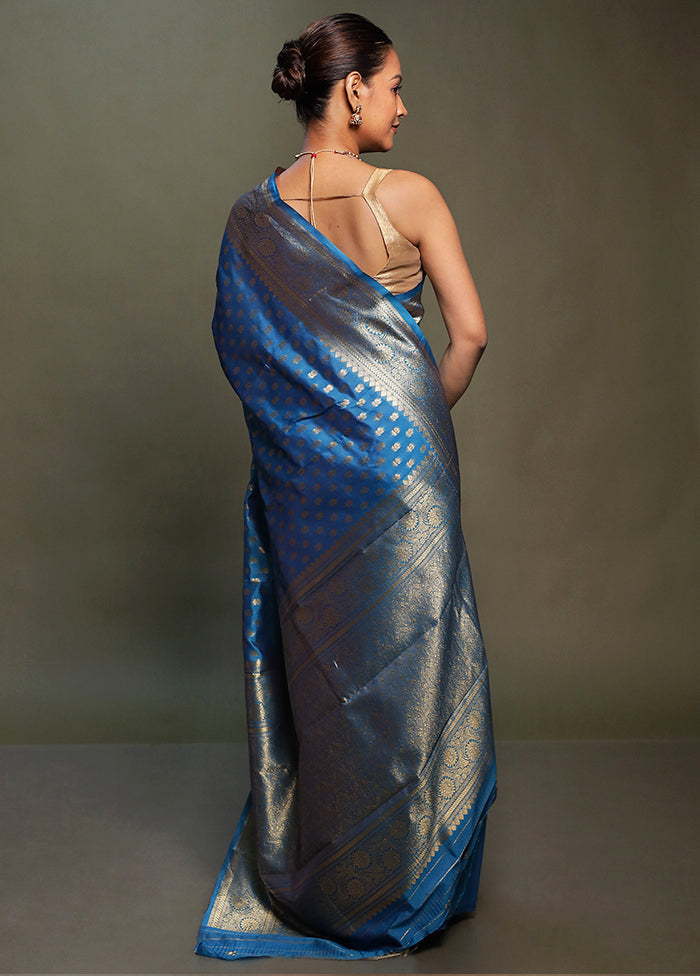 Blue Dupion Silk Saree With Blouse Piece