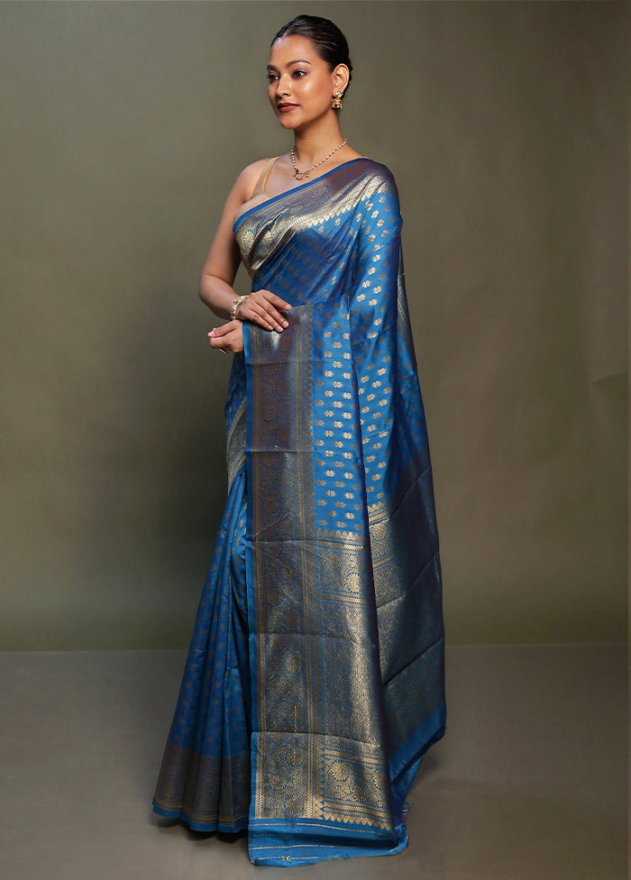 Blue Dupion Silk Saree With Blouse Piece