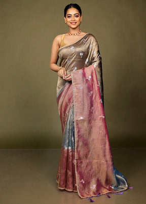 Pink Crushed Tissue Silk Saree With Blouse Piece