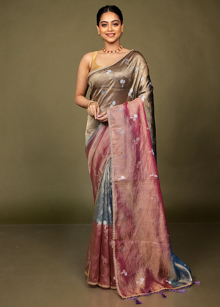 Pink Crushed Tissue Silk Saree With Blouse Piece