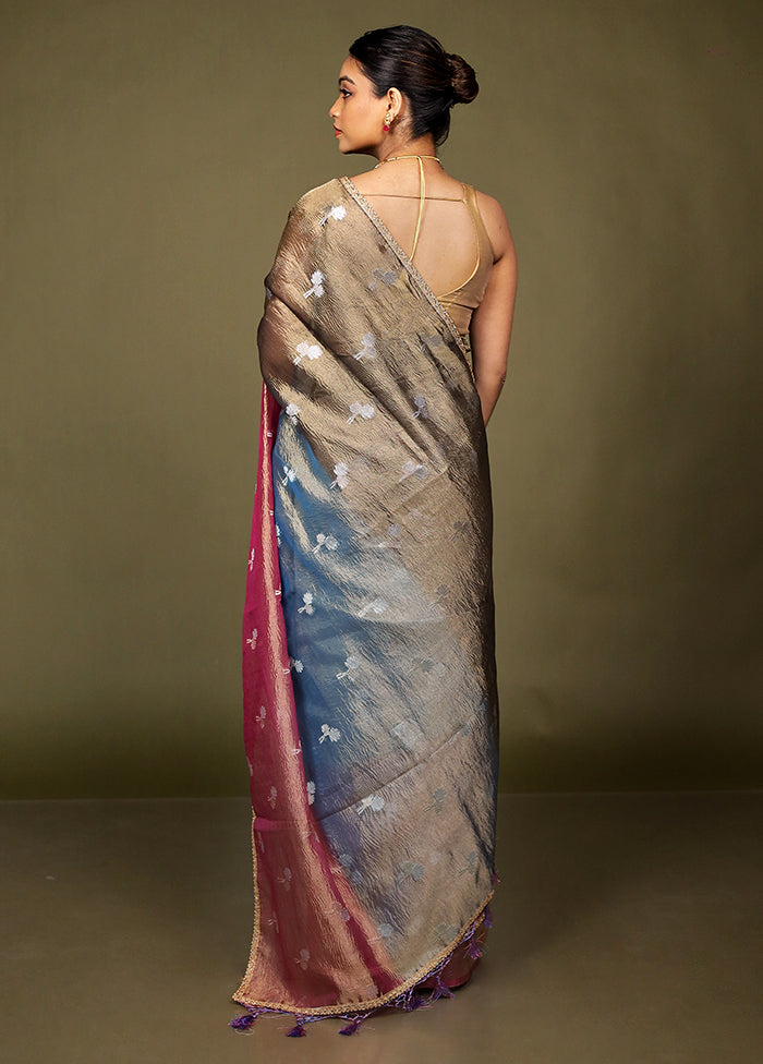 Pink Crushed Tissue Silk Saree With Blouse Piece
