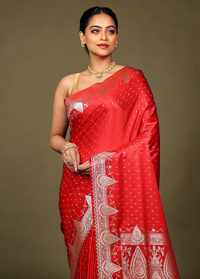 Red Banarasi Silk Saree With Blouse Piece