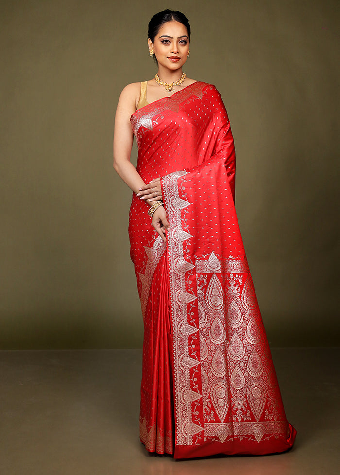 Red Banarasi Silk Saree With Blouse Piece