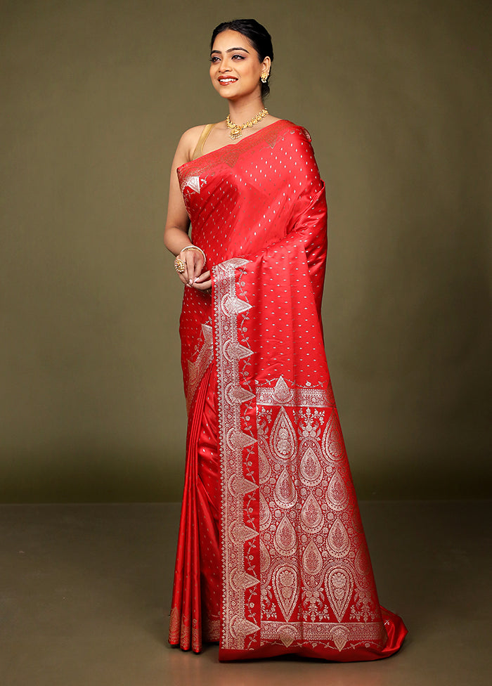 Red Banarasi Silk Saree With Blouse Piece