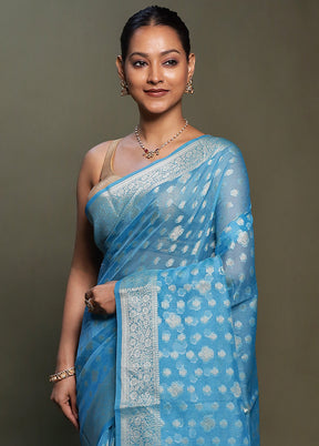 Blue Kota Cotton Saree With Blouse Piece