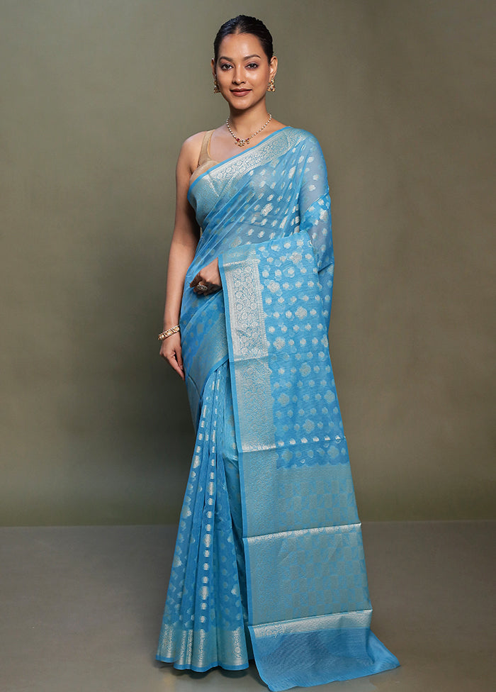 Blue Kota Cotton Saree With Blouse Piece