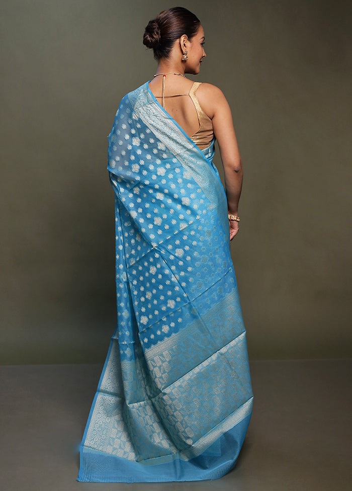 Blue Kota Cotton Saree With Blouse Piece
