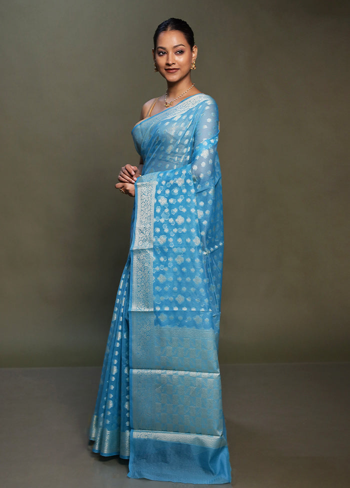 Blue Kota Cotton Saree With Blouse Piece