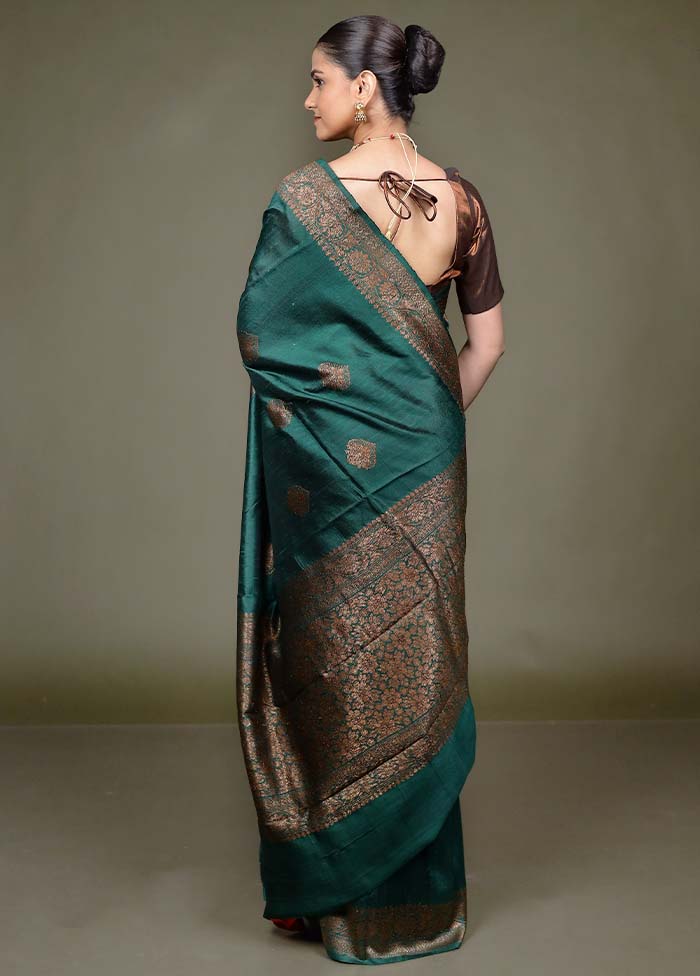 Green Handloom Tussar Pure Silk Saree With Blouse Piece