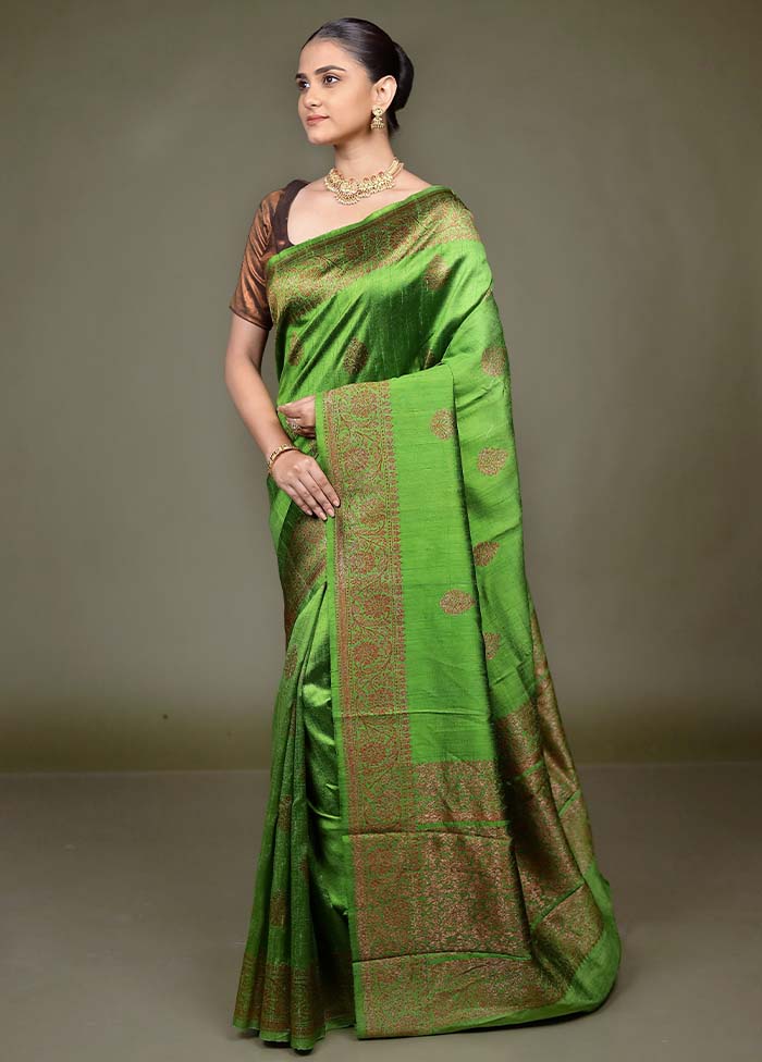 Green Handloom Tussar Pure Silk Saree With Blouse Piece