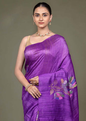 Purple Handloom Matka Pure Silk Saree With Blouse Piece