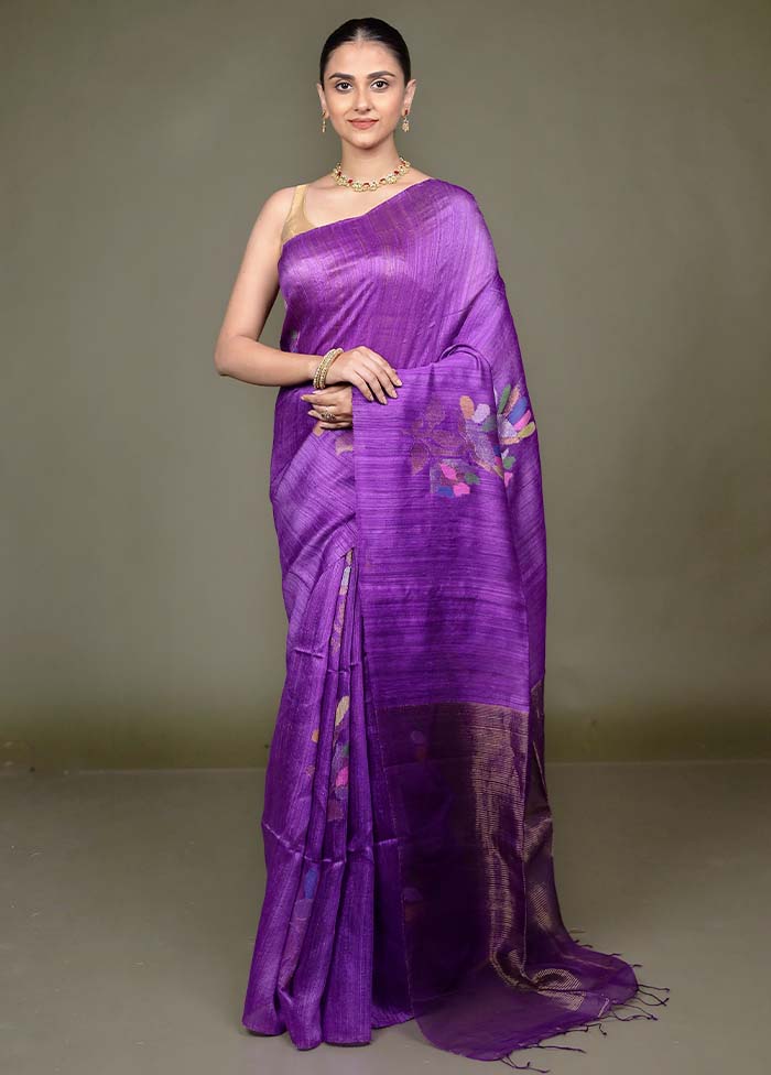 Purple Handloom Matka Pure Silk Saree With Blouse Piece