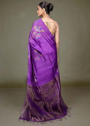 Purple Handloom Matka Pure Silk Saree With Blouse Piece