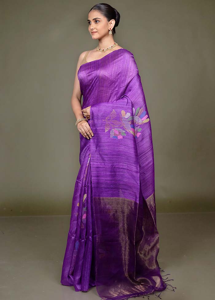 Purple Handloom Matka Pure Silk Saree With Blouse Piece