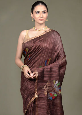 Brown Handloom Matka Pure Silk Saree With Blouse Piece