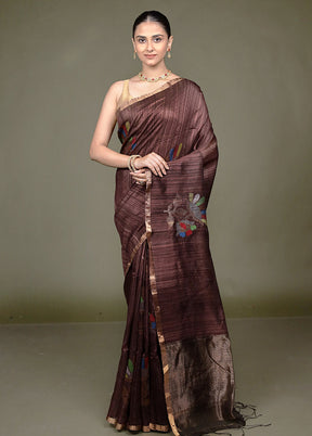 Brown Handloom Matka Pure Silk Saree With Blouse Piece