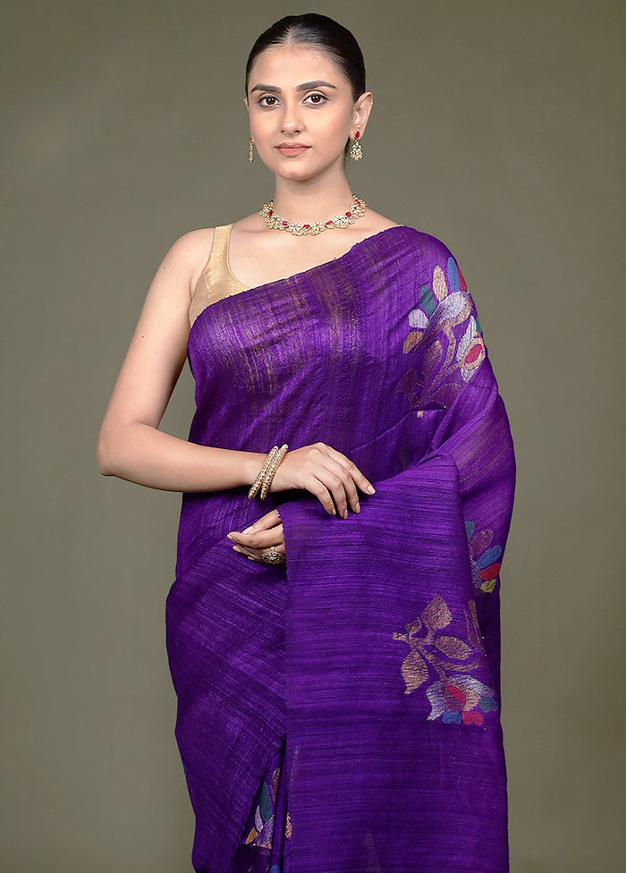 Purple Handloom Matka Pure Silk Saree With Blouse Piece
