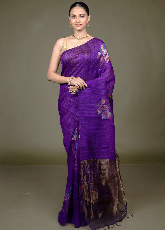 Purple Handloom Matka Pure Silk Saree With Blouse Piece