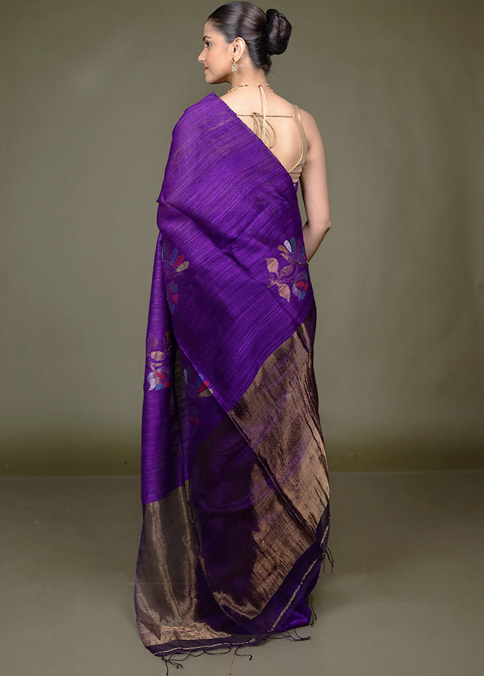 Purple Handloom Matka Pure Silk Saree With Blouse Piece