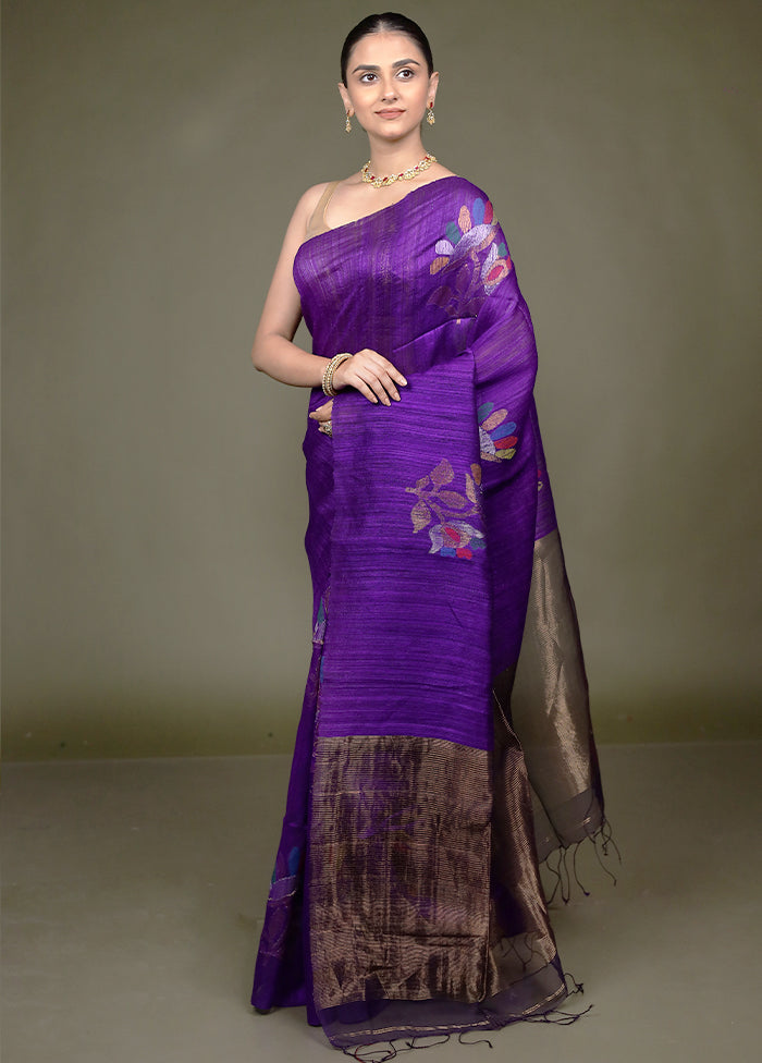 Purple Handloom Matka Pure Silk Saree With Blouse Piece