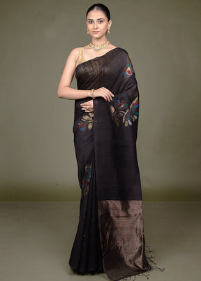 Black Handloom Matka Pure Silk Saree With Blouse Piece
