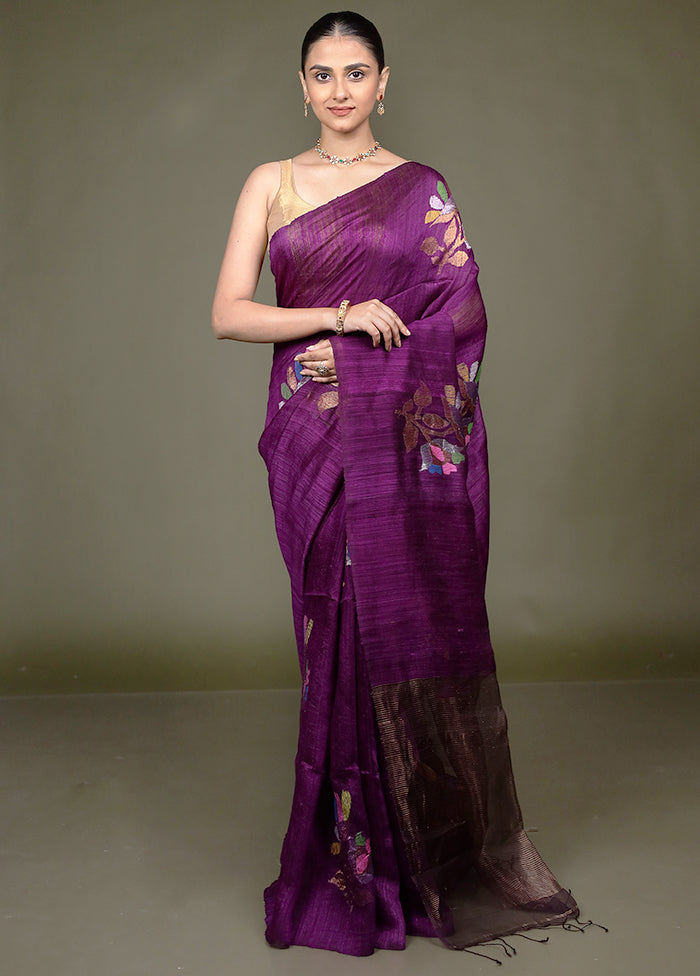 Purple Handloom Matka Pure Silk Saree With Blouse Piece