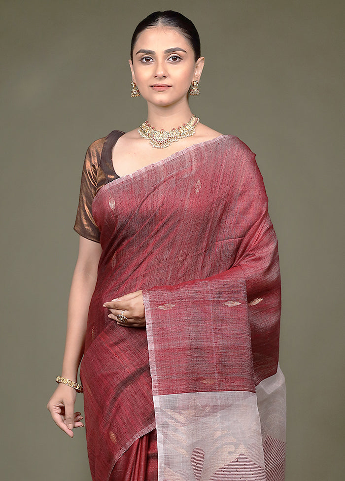 Maroon Handloom Matka Pure Silk Saree With Blouse Piece