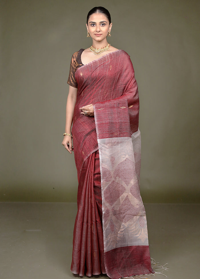 Maroon Handloom Matka Pure Silk Saree With Blouse Piece