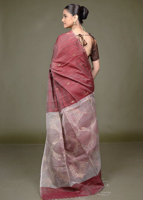 Maroon Handloom Matka Pure Silk Saree With Blouse Piece