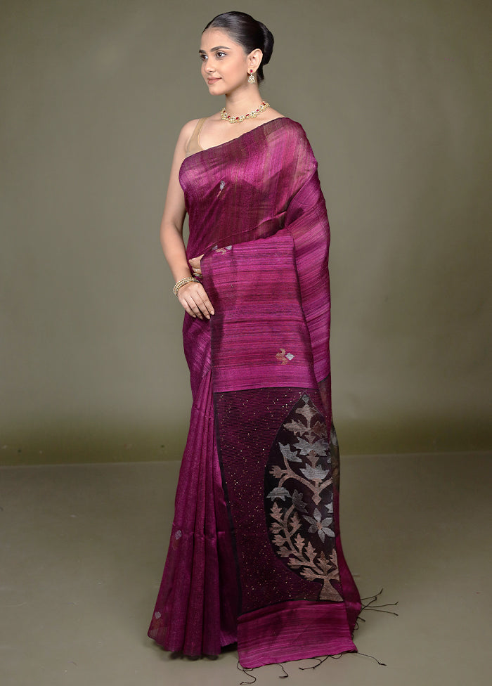 Purple Handloom Matka Pure Silk Saree With Blouse Piece